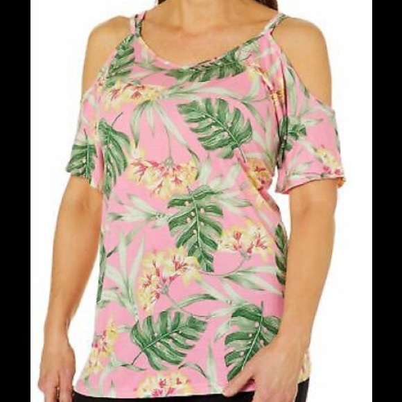 Caribbean Joe Tops - Caribbean Joe Tropical Floral Cold Shoulder Top